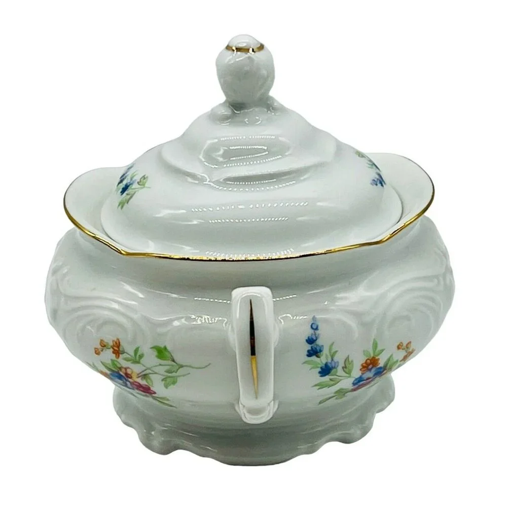 Wawel China Rose Garden Sugar‎ Bowl with Lid Poland Embossed Gold Gilt 5 inch